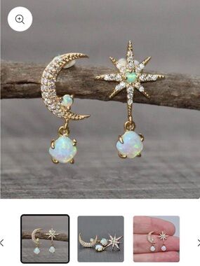 Gold Moon & Star Opal Drop Earrings - Iridescent White